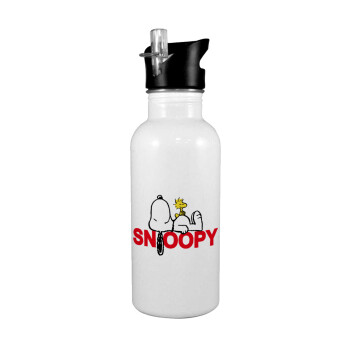 Snoopy sleep, White water bottle with straw, stainless steel 600ml