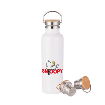 Snoopy sleep, Stainless steel White with wooden lid (bamboo), double wall, 750ml