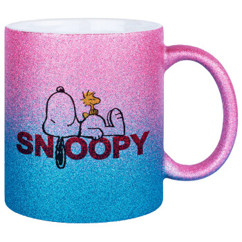 Snoopy sleep, Κούπα Χρυσή/Μπλε Glitter, κεραμική, 330ml