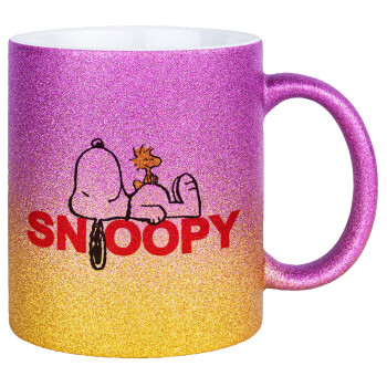 Snoopy sleep, Κούπα Χρυσή/Ροζ Glitter, κεραμική, 330ml