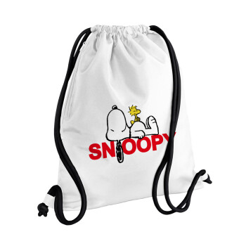Snoopy sleep, Τσάντα πλάτης πουγκί GYMBAG λευκή, με τσέπη (40x48cm) & χονδρά κορδόνια