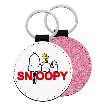 Snoopy sleep, Μπρελόκ Δερματίνη, στρογγυλό ΡΟΖ (5cm)