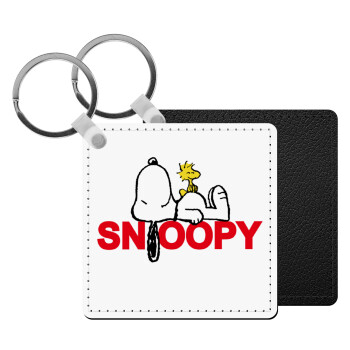 Snoopy sleep, Μπρελόκ Δερματίνη, τετράγωνο ΜΑΥΡΟ (5x5cm)