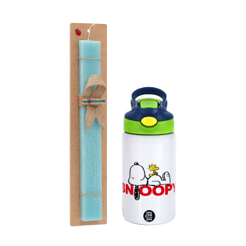 Snoopy sleep, Πασχαλινή Λαμπάδα με Παιδικό παγούρι θερμό, ανοξείδωτο, με καλαμάκι ασφαλείας, πράσινο/μπλε (350ml) & κερί αρωματικό πλακέ (30cm) (ΤΙΡΚΟΥΑΖ)