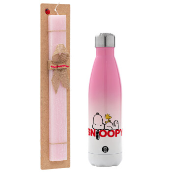 Snoopy sleep, Easter Set, Metallic pink/white (Stainless steel) thermos, double-walled, 500ml & aromatic flat Easter candle (30cm) (PINK)
