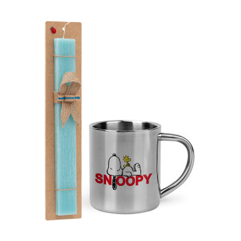 Snoopy sleep, Easter Set, metallic thermal cup (300ml) & aromatic flat Easter candle (30cm) (TURQUOISE)