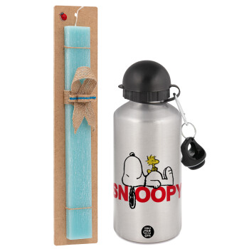 Snoopy sleep, Easter Set, metallic silver aluminum water bottle (500ml) & scented flat Easter candle (30cm) (TURQUOISE)
