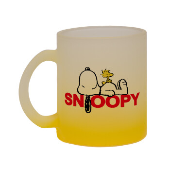 Snoopy sleep, Κούπα γυάλινη δίχρωμη με βάση το κίτρινο ματ, 330ml