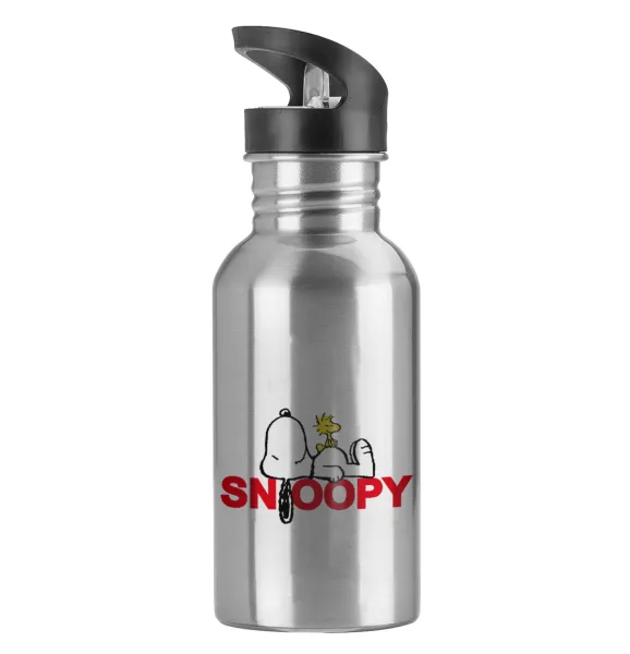 Snoopy sleep — Παγούρι νερού Ασημένιο με καλαμάκι, ανοξείδωτο ατσάλι 600ml