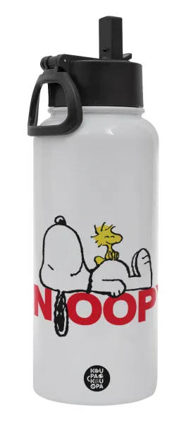 Snoopy sleep — Μεταλλικό παγούρι θερμός Λευκό με καλαμάκι και χερούλι (Stainless steel), διπλού τοιχώματος, 950ml