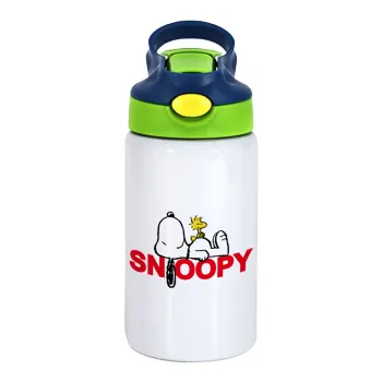 Snoopy sleep, Παιδικό παγούρι θερμό, ανοξείδωτο, με καλαμάκι ασφαλείας, πράσινο/μπλε (350ml)
