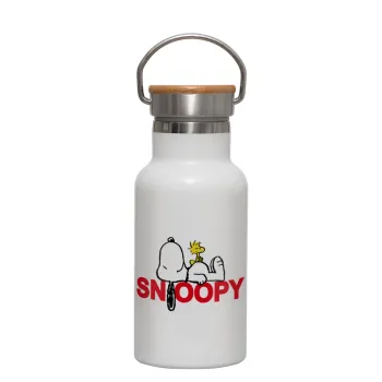 Snoopy sleep, Μεταλλικό παγούρι θερμός (Stainless steel) Λευκό με ξύλινο καπακι (bamboo), διπλού τοιχώματος, 350ml