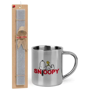 Snoopy sleep, Πασχαλινή Λαμπάδα με μεταλλική κούπα θερμό (300ml) & κερί αρωματικό πλακέ (30cm) (ΓΚΡΙ)