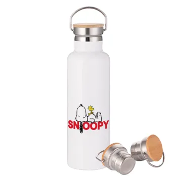 Snoopy sleep, Stainless steel White with wooden lid (bamboo), double wall, 750ml