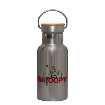 Snoopy sleep, Μεταλλικό παγούρι θερμός (Stainless steel) Ασημένιο με ξύλινο καπακι (bamboo), διπλού τοιχώματος, 350ml