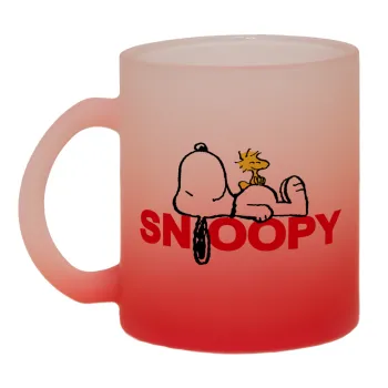 Snoopy sleep, Κούπα γυάλινη δίχρωμη με βάση το κόκκινο ματ, 330ml