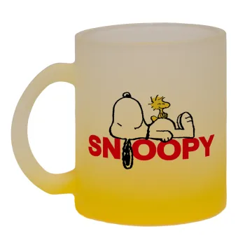 Snoopy sleep, Κούπα γυάλινη δίχρωμη με βάση το κίτρινο ματ, 330ml