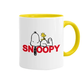 Snoopy sleep, Κούπα χρωματιστή κίτρινη, κεραμική, 330ml