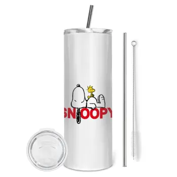 Snoopy sleep, Tumbler ποτήρι θερμό από ανοξείδωτο ατσάλι 600ml, με μεταλλικό καλαμάκι & βούρτσα καθαρισμού
