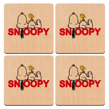 Snoopy sleep, ΣΕΤ x4 Σουβέρ ξύλινα τετράγωνα plywood (9cm)