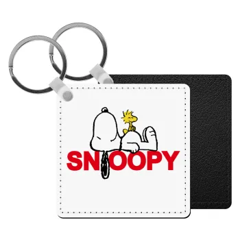 Snoopy sleep, Μπρελόκ Δερματίνη, τετράγωνο ΜΑΥΡΟ (5x5cm)