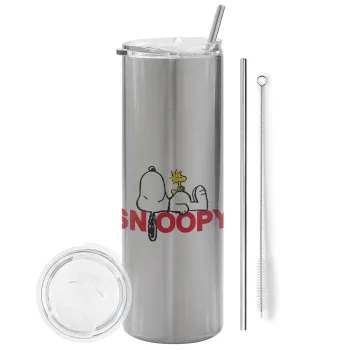Snoopy sleep, Tumbler stainless steel Silver 600ml, with metal straw & cleaning brush