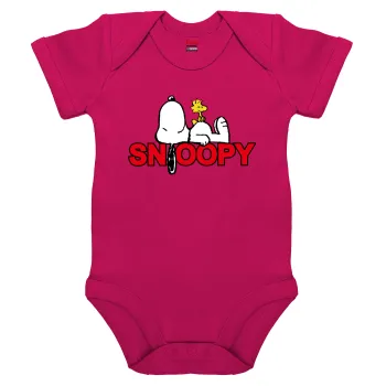 Snoopy sleep, Βρεφικό φορμάκι μωρού, 0-18 μηνών, ΡΟΖ, 100% Organic Cotton, κοντομάνικο