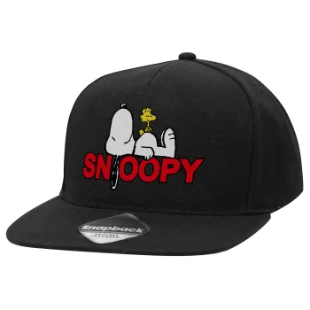 Snoopy sleep, Adult Flat Snapback Hat Black, (100% COTTON TWILL, ADULT, UNISEX, ONE SIZE)