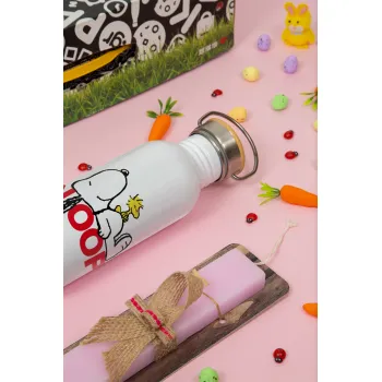 Snoopy sleep, Πασχαλινή Λαμπάδα με παγούρι μεταλλικό (620ml, stainless steel) & κερί αρωματικό πλακέ (30cm) (ΡΟΖ)