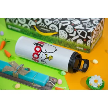 Snoopy sleep, Easter candle,Travel Tumbler 2 Lids, with metal straw & cleaning brush & aromatic flat candle (30cm) (BLUE)