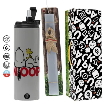 Snoopy sleep, Πασχαλινή Λαμπάδα με Travel Tumbler θερμό (600ml, BPA free) & κερί αρωματικό πλακέ (30cm) (ΓΚΡΙ)