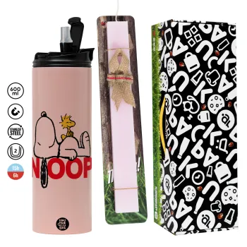 Snoopy sleep, Πασχαλινή Λαμπάδα με  ΡΟΖ Travel Tumbler θερμό (600ml, BPA free) & κερί αρωματικό πλακέ (30cm) (ΡΟΖ)