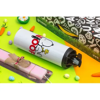 Snoopy sleep, Πασχαλινή Λαμπάδα με Travel Tumbler θερμό με διπλό καπάκι (600ml, BPA free) & κερί αρωματικό πλακέ (30cm) (ΡΟΖ)