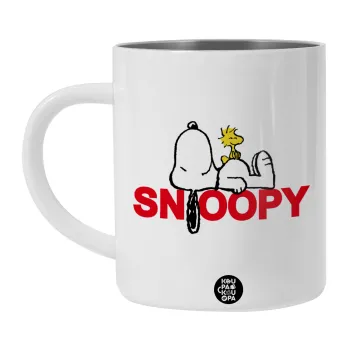 Snoopy sleep, Λευκή Ανοξείδωτη Μεταλλική Κούπα 450ml - Διπλού Τοιχώματος 