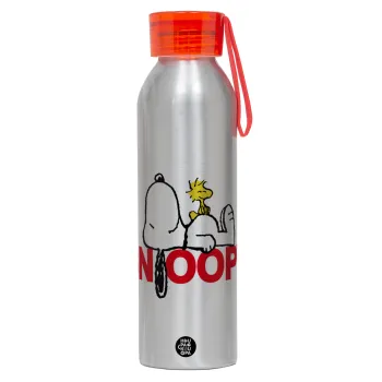 Snoopy sleep, Αλουμινένιο Αθλητικό Μπουκάλι 650ml – Ασημί με Κόκκινο Καπάκι και Λουράκι Σιλικόνης