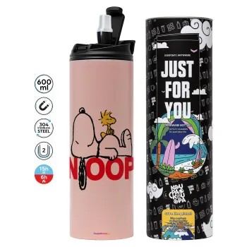 Snoopy sleep, Tumbler ποτήρι θερμό ΡΟΖ από ανοξείδωτο ατσάλι 600ml