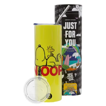 Snoopy sleep, Neon Yellow Travel Tumbler θερμό, μεταλλικό καλαμάκι(Ανωξείδωτο 304 Food grade, BPA free, 600ml)