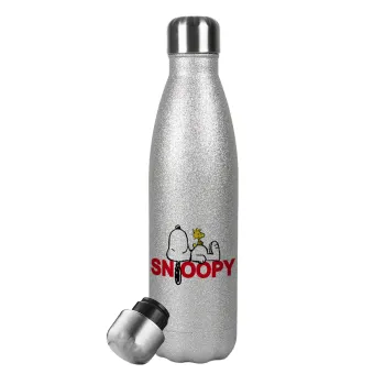 Snoopy sleep, Μεταλλικό παγούρι θερμός Glitter Aσημένιο (Stainless steel), διπλού τοιχώματος, 500ml