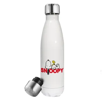 Snoopy sleep, Μεταλλικό παγούρι θερμός Λευκό (Stainless steel), διπλού τοιχώματος, 500ml