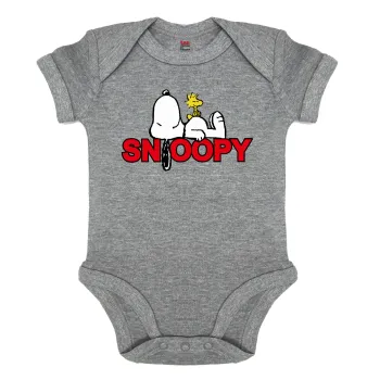 Snoopy sleep, Βρεφικό φορμάκι μωρού, 0-18 μηνών, ΓΚΡΙ ΜΕΛΑΝΖΕ, 100% Organic Cotton, κοντομάνικο
