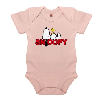 Snoopy sleep, Βρεφικό φορμάκι μωρού, 0-18 μηνών, ΡΟΖ POWDER, 100% Organic Cotton, κοντομάνικο