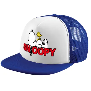 Snoopy sleep, Adult Soft Trucker Hat with Blue/White Mesh (POLYESTER, ADULT, UNISEX, ONE SIZE)