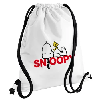 Snoopy sleep, Backpack pouch GYMBAG white, with pocket (40x48cm) & thick cords