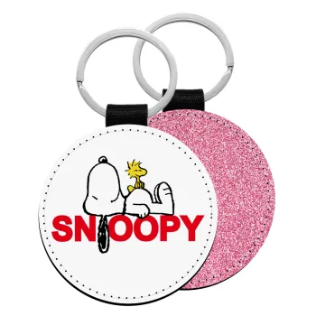 Snoopy sleep, Μπρελόκ Δερματίνη, στρογγυλό ΡΟΖ (5cm)