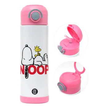 Snoopy sleep, Παιδικό παγούρι θερμό, ανοξείδωτο, με καλαμάκι ασφαλείας, ΡΟΖ (500ml)