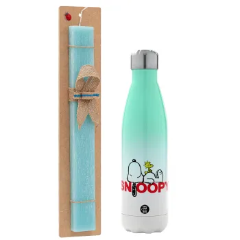 Snoopy sleep, Easter Set, Metallic green/white thermos (Stainless steel), double-walled, 500ml & scented flat Easter candle (30cm) (TURQUOISE)