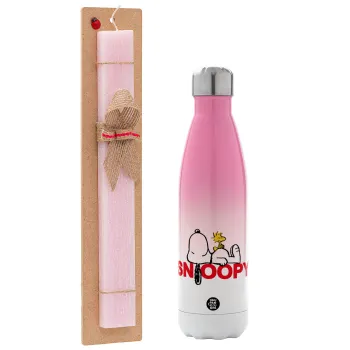 Snoopy sleep, Easter Set, Metallic pink/white (Stainless steel) thermos, double-walled, 500ml & aromatic flat Easter candle (30cm) (PINK)