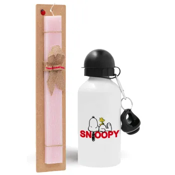 Snoopy sleep, Πασχαλινή Λαμπάδα με παγούρι μεταλλικό αλουμινίου (500ml) & κερί αρωματικό πλακέ (30cm) (ΡΟΖ)