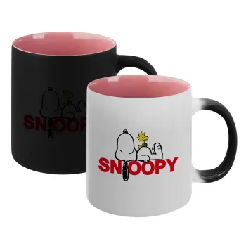 Snoopy sleep, Κούπα Μαγική εσωτερικό ΡΟΖ, κεραμική 330ml που αλλάζει χρώμα με το ζεστό ρόφημα