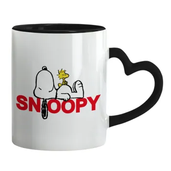 Snoopy sleep, Κούπα καρδιά χερούλι μαύρη, κεραμική, 330ml